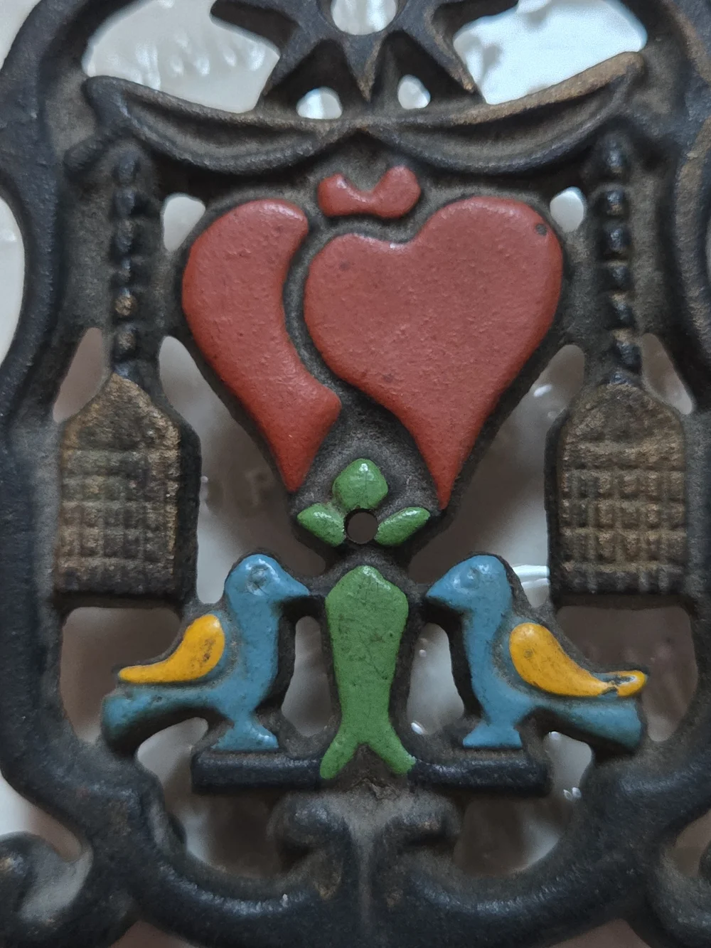 Vintage Wilton Black Cast Iron Small Trivet w/ Painted Brooms, Hearts & Birds